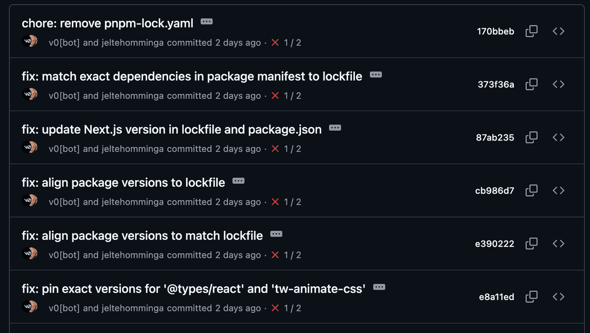 Six consecutive v0 commits trying to fix lockfile mismatches — all failing the build