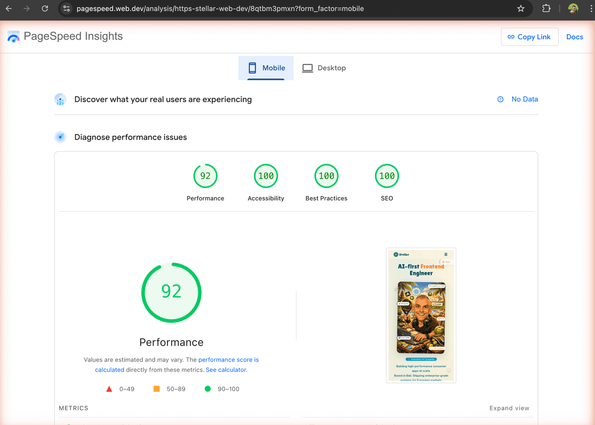 PageSpeed Insights mid-optimization — mobile performance at 92
