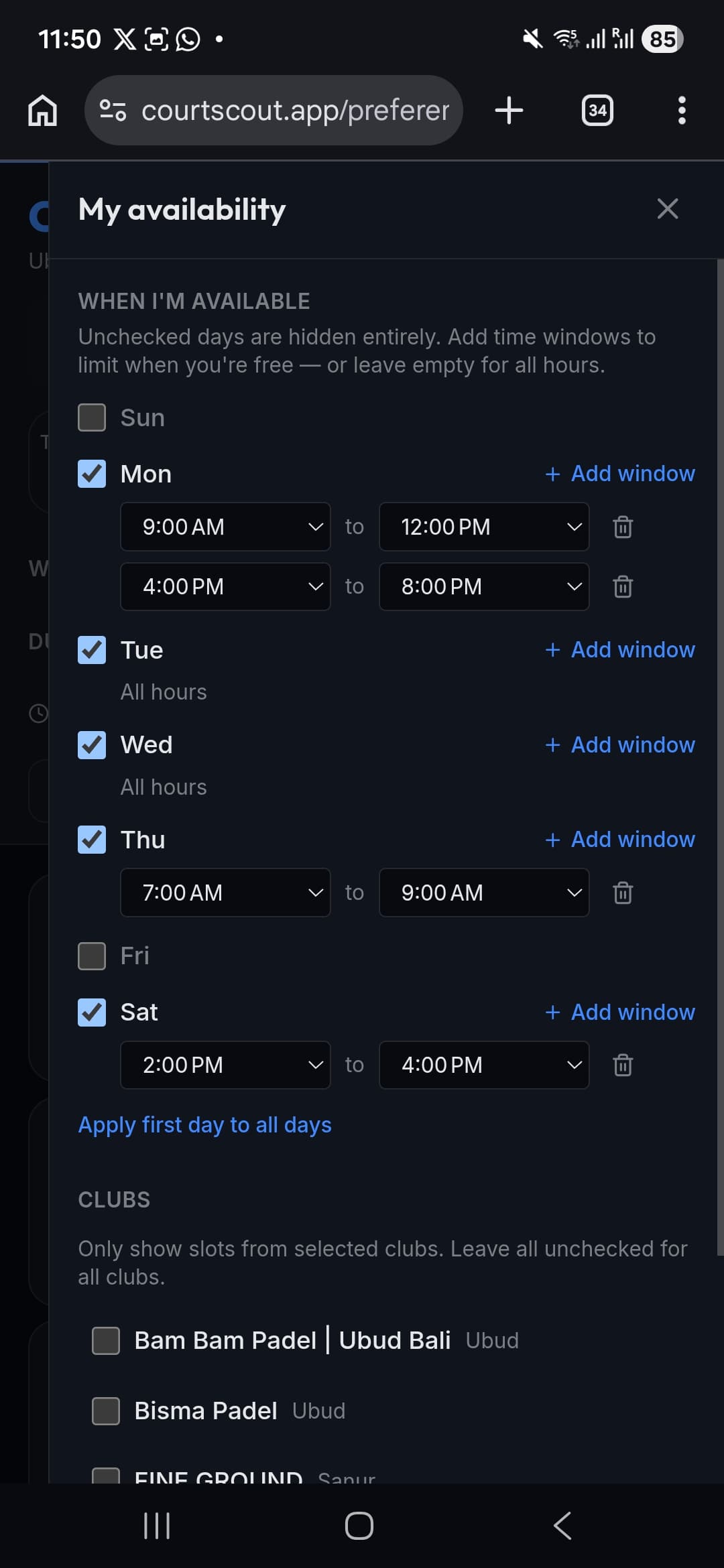 Personal time preferences — weekday-specific availability windows for filtering court slots