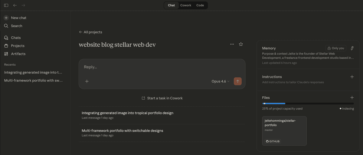 Claude Projects sidebar showing the portfolio project with CLAUDE.md context